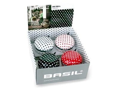 Basil Big Bell Polkadot sykkelklokke 80mm, blanding av farger, boks med 4 stk. (BAS-50403)