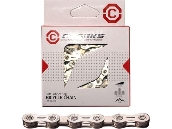 Clarks YBN CSL-H11CR SHIMANO CAMPAGNOLO SRAM sykkelkjede (11 Speed, 1/2"x11/128", 116 lenker, 5,6 mm, kjedeklemme, Super Light, Chrome) Selvsmørende