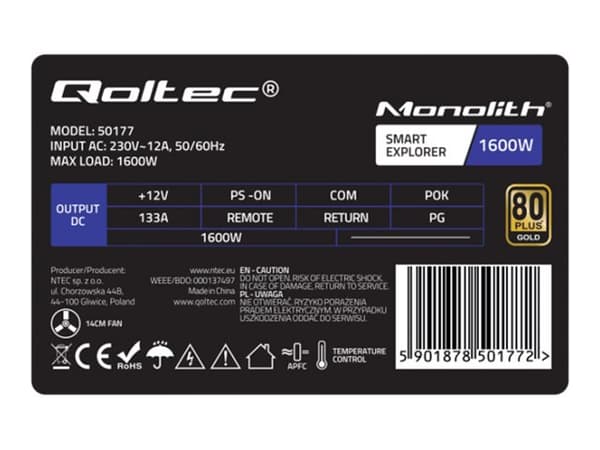 Qoltec - Strømforsyning (intern) - 80 PLUS Gold - AC 230 V - 1600 watt - sølv