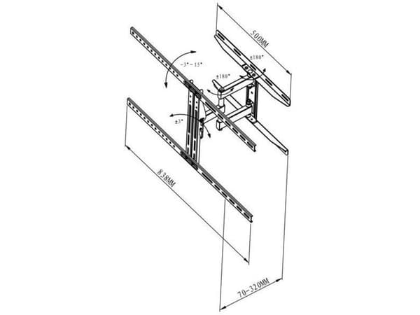 Vivanco 37982, 200 x 200 mm, 600 x 400 mm, 5 - -15°, -90 - 90°, Stål, Sort