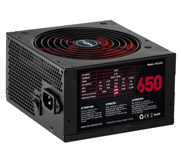 NOX NXS650, 650 W, 230 V, 50 - 60 Hz, 6,3 A, +12V,+3,3V,+5V,-12V,-5Vsb, Aktiv Sort, Rød