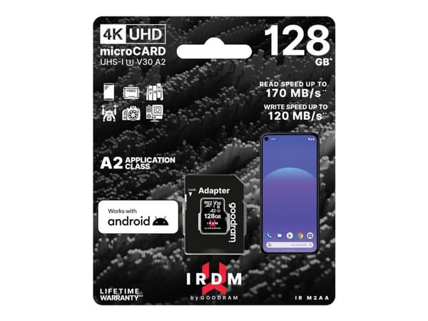 GOODRAM IRDM M2AA - Flashminnekort (microSDXC til SD-adapter inkludert) - 128 GB - A2 / Video Class V30 / UHS-I U3 - microSDXC UHS-I