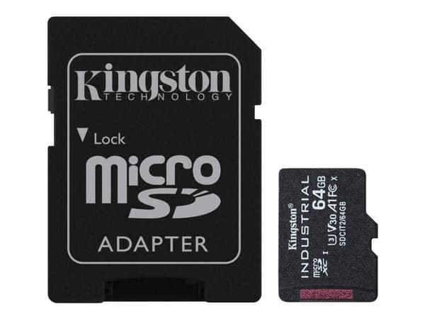 Kingston Industrial - Flash-minneskort (microSDXC till SD-adapter inkluderad) - 64 GB - A1 / Video Class V30 / UHS-I U3 / Class10 - mikroSDXC UHS-I