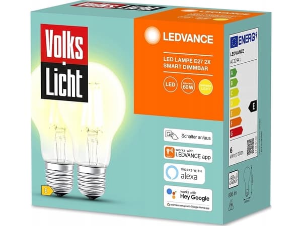 LEDVANCE SMART+ BT CLA60 60 6 W/2500K E27, LED lamp (pack of 2, filament, Bluetooth, replaces 60 watts)