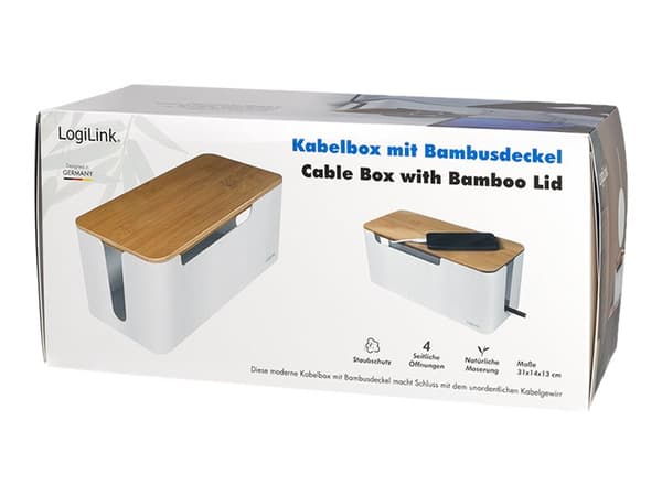 LogiLink - Kabelorganisator - med bambuslåg - hvit, bambus