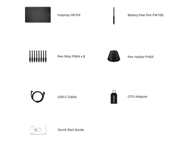 HUION H610X, Koblet med ledninger (ikke trådløs), 5080 Ipi, 254 x 158,8 mm, USB, 1 cm, Penn