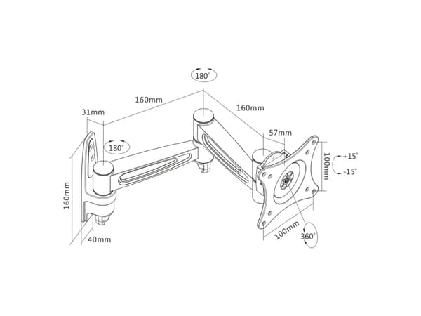 InLine 23105D, 75 x 75 mm, 100 x 100 mm, -15 - 15°, -90 - 90°, Gjuten aluminium, Svart