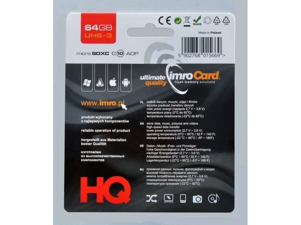 IMRO MICROSD10/64GB UHS-3 ADP memory card, 64 GB, MicroSDXC, Klasse 10, Class 3 (U3), Sort