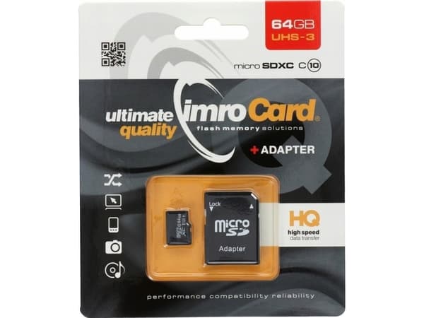 IMRO MICROSD10/64GB UHS-3 ADP memory card, 64 GB, MicroSDXC, Klasse 10, Class 3 (U3), Sort