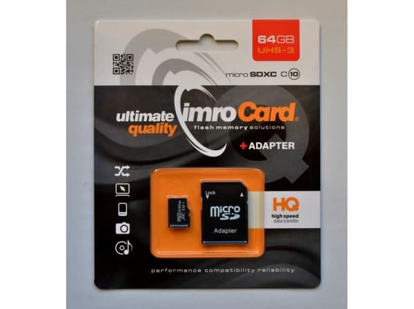 IMRO MICROSD10/64GB UHS-3 ADP memory card, 64 GB, MicroSDXC, Klasse 10, Class 3 (U3), Sort