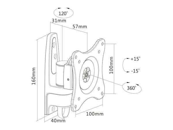 InLine 23107D, 75 x 75 mm, 100 x 100 mm, -15 - 15°, -60 - 60°, Gjuten aluminium, Svart