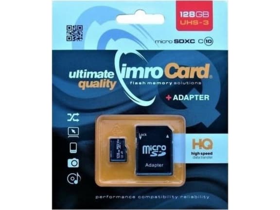 IMRO MICROSDXC 10/128GB UHS-3 ADP Minneskort, 128GB, MicroSDXC, Class 10, Class 3 (U3)