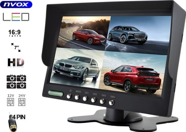 Nvox 7-tommers HD LCD-bilskjerm for rygging og overvåking med støtte for opptil 4 kameraer
