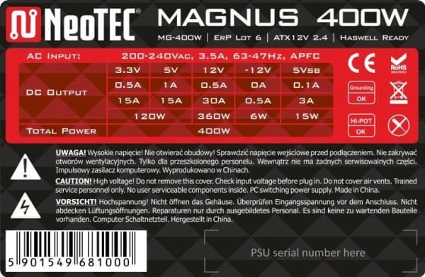 NeoTec Magnus 400W strømforsyning (MG-400W)