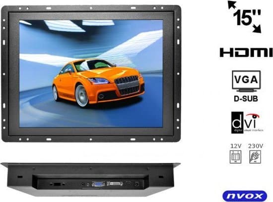 Bilstereomonitor åpen ramme LCD 15cali cali LED VGA HDMI DVI 12V 230V... (NVOX OP1500VH)