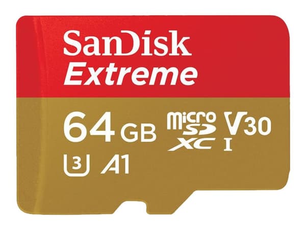 SanDisk Extreme - Flash-minneskort (microSDXC till SD-adapter inkluderad) - 64 GB - A1 / Video Class V30 / UHS-I U3 - mikroSDXC UHS-I