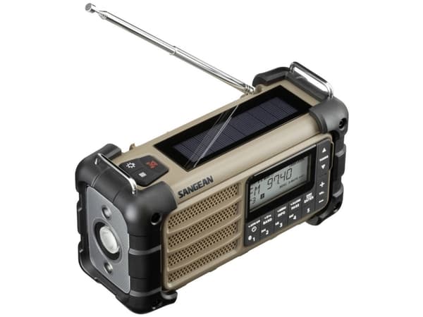 Outdoorradio Sangean MMR-99 FM Solcellepanel, stænkvandsbeskyttet, støvtæt, Lommelygte Brun