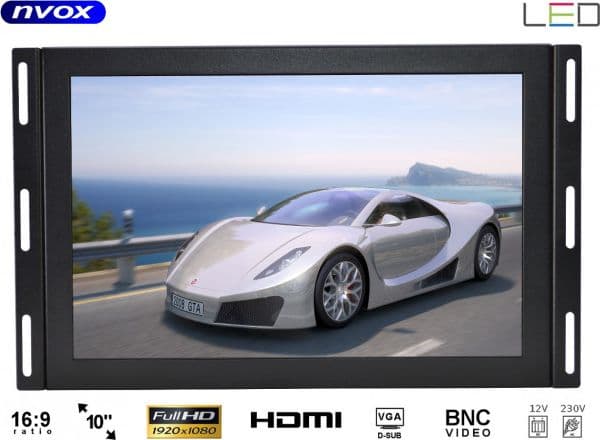Bilstereo Nvox Monitor åpen ramme ips led 10cali full hd vga hdmi usb av 12v 230v