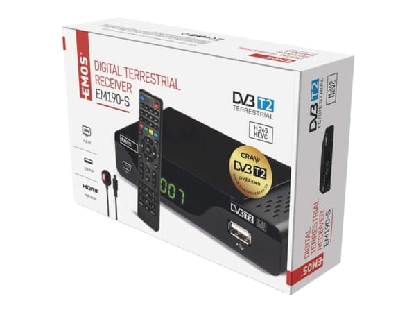 Emos EM190-S, Satellitt, Full HD, DVB-T,DVB-T2, 480i,480p,576i,576p,720p,1080i,1080p, 4:3,16:9, AVI,DAT,H.264,H. 265,HEVC,MKV,MOV,MPEG1,MPEG2,MPEG4,M