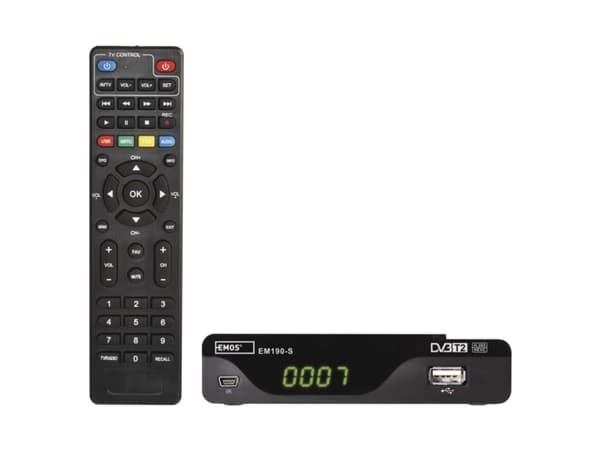 Emos EM190-S, Satellit, Full HD, DVB-T, DVB-T2, 480i, 480p, 576i, 576p, 720p, 1080i, 1080p, 4:3, 16:9, AVI, DAT, H.264, H.265, HEVC, MKV, MOV, MPEG1,