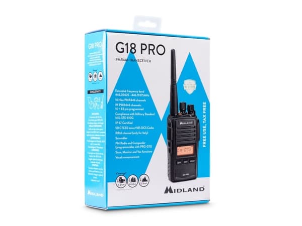 Midland G18 Pro, Professionel mobilradio (PMR), 99 kanaler, 446.00625 - 446.19375 Mhz, 12000 m, LCD, Lithium-Ion (Li-Ion)