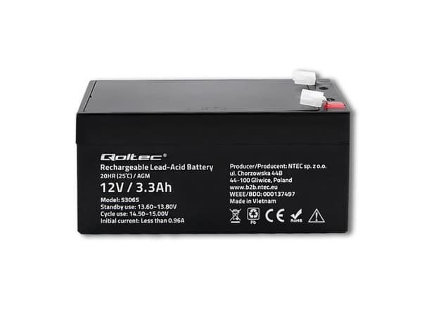Qoltec 53065, Sealed Lead Acid (VRLA), 12 V, 1 kpl, Musta, 3,3 ah, 10 vuosi/vuosia