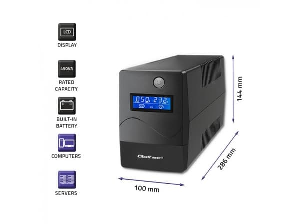 Qoltec Monolith - UPS - AC 140-300 V - 600 Watt - 1000 VA - 9 At - USB - utgangskontakter: 2 - svart