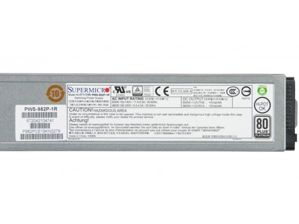 Supermicro PWS-982P-1R - Virtalähde (sisäinen) - 80 PLUS Platinum - AC 100-140/180-240 V - 980 Watt - 1U - SuperServer 6037R-TXRF