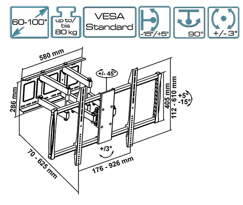 Full Motion beslag til skærme op til 100" / 80 kg - Op til VESA 900 x 600