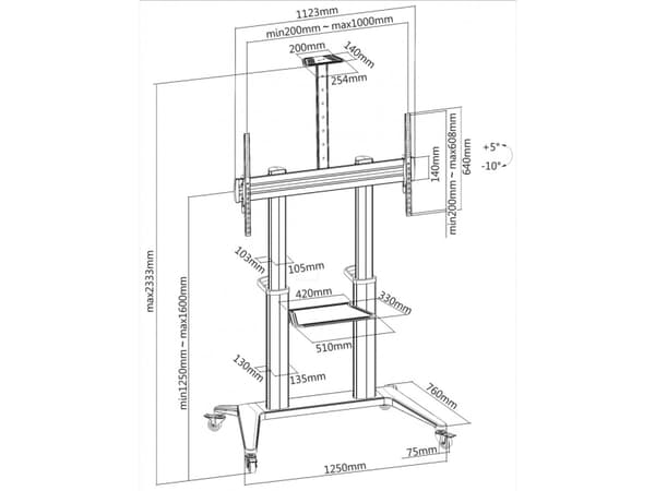 Techly ICA-TR49W, Multimediakärry, Valkoinen, Alumiini, Muovi, Terästä, Litteä paneeli, 140 kg, 5 kg