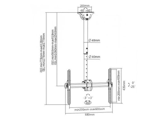 Techly ICA-CPLB 946S, 50 kg, 94 cm (37"), 177,8 cm (70"), 200 x 200 mm, 600 x 400 mm, 560 - 910 mm