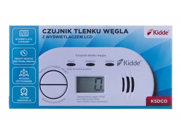 KIDDE K5DCO hiilimonoksidi-ilmaisin, jossa näyttö