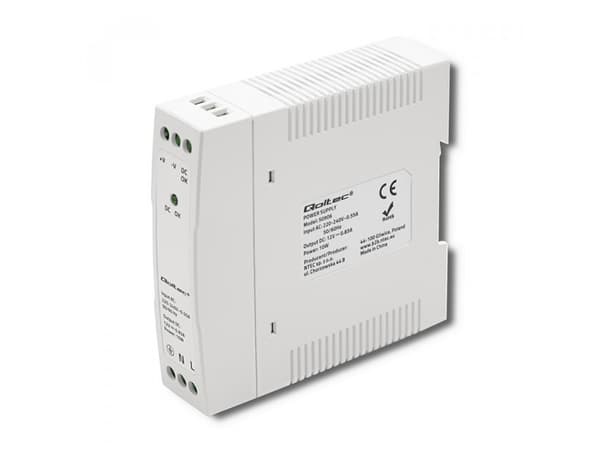 Qoltec DIN-kiskovirtalähde | 10W | 12V | 0.83A | Valkoinen | Ohut | Slim