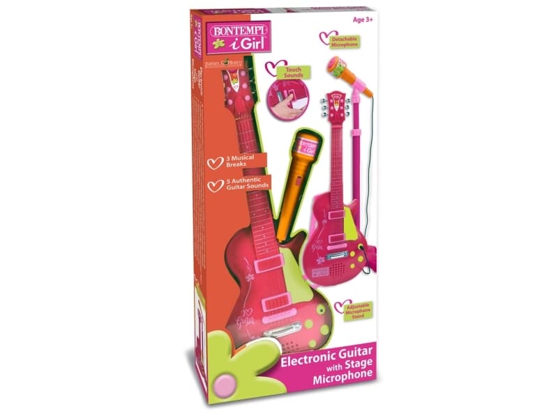 Bontempi Rock Guitar with stand microphone, Musikinstrument leksak, Gitarr, 3 År, AA, Grön, Orange, Rosa