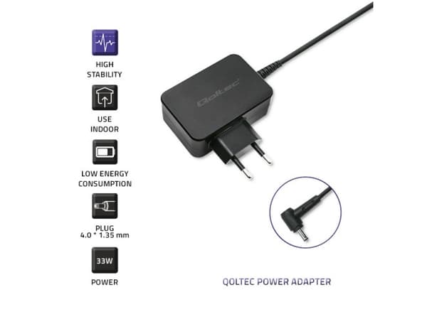 Qoltec - Strömadapter - AC 220-240 V - 20 Watt - svart - för Lenovo IdeaPad 100S-11IBY; IdeaPad Miix 310-10ICR 80SG; 320-10ICR 80XF