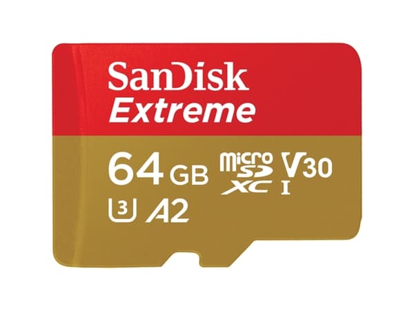 SanDisk Extreme - Flash-muistikortti (microSDXC-SD-sovitin sisältyy) - 64 GB - A2 / Video Class V30 / UHS-I U3 / Class10 - microSDXC UHS-I