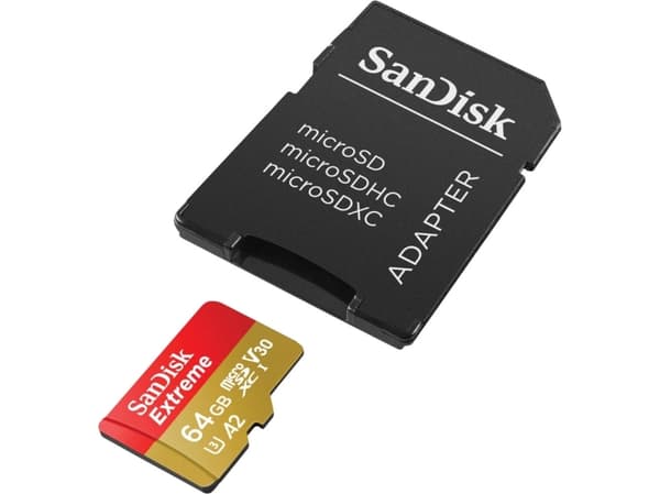 SanDisk Extreme - Flash-muistikortti (microSDXC-SD-sovitin sisältyy) - 64 GB - A2 / Video Class V30 / UHS-I U3 / Class10 - microSDXC UHS-I