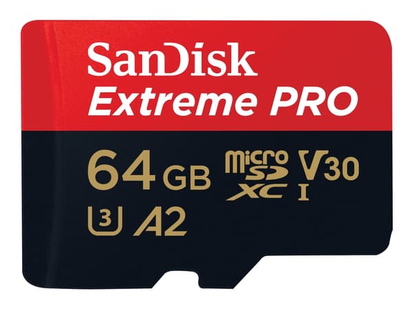 SanDisk Extreme Pro - Flashminnekort (microSDXC til SD-adapter inkludert) - 64 GB - A2 / Video Class V30 / UHS-I U3 / Class10 - microSDXC UHS-I