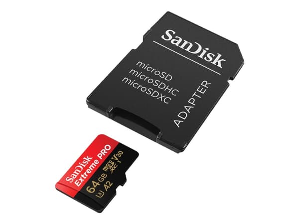 SanDisk Extreme Pro - Flashminnekort (microSDXC til SD-adapter inkludert) - 64 GB - A2 / Video Class V30 / UHS-I U3 / Class10 - microSDXC UHS-I