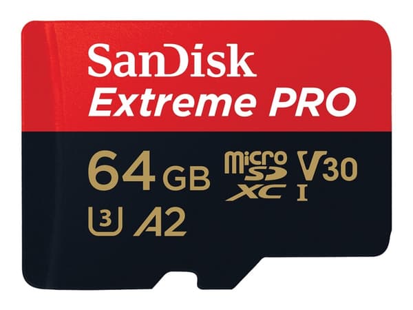 SanDisk Extreme Pro - Flashminnekort (microSDXC til SD-adapter inkludert) - 64 GB - A2 / Video Class V30 / UHS-I U3 / Class10 - microSDXC UHS-I