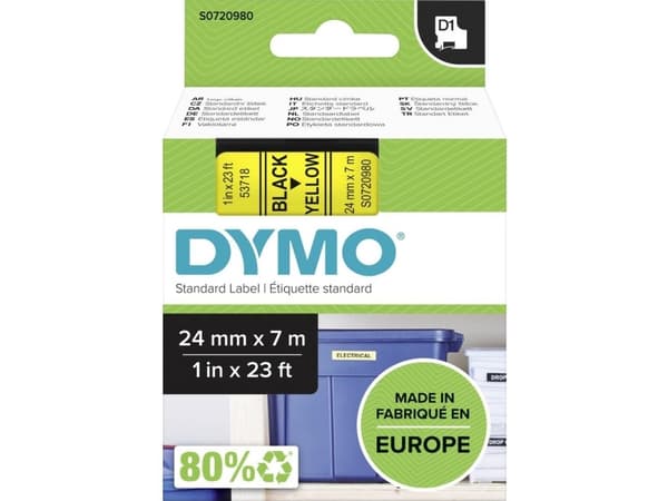 DYMO D1 - vakiopolyesteritarrat - Musta keltaisella -24mm x 7m, Musta keltaisella, Polyesteri, Belgia, -18 - 90 °C, DYMO, LabelManager, LabelWriter 4