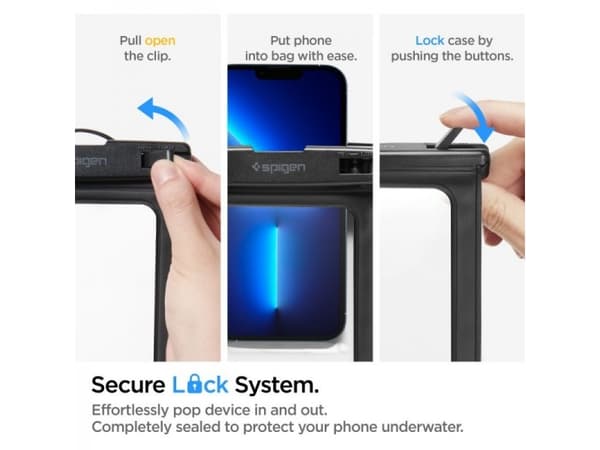 Spigen A601, Vattensportaktivitet, Smartphone, Svart, Transparent, Polykarbonat, Klickspänne, IPX8