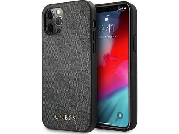 Guess GUHCP12MG4GFGR Apple iPhone 12 / 12 Pro6,1" pilkas hard dėklas 4G Metal Gold Logo
