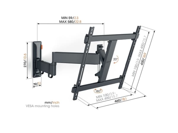 Vogel''s 3834430, 81,3 cm (32"), 165,1 cm (65"), 100 x 100 mm, 400 x 400 mm, 0 - 20°, Sort