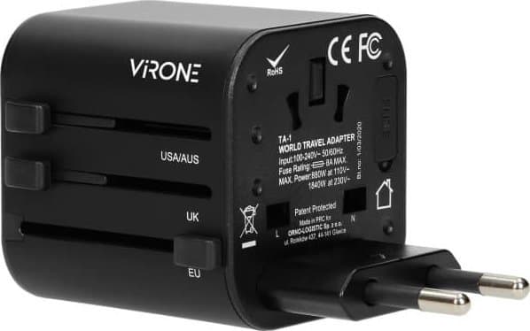 Orno GOworld universell reiseadapter for mer enn 200 land over hele verden, 100-240V, 8A, TA-1