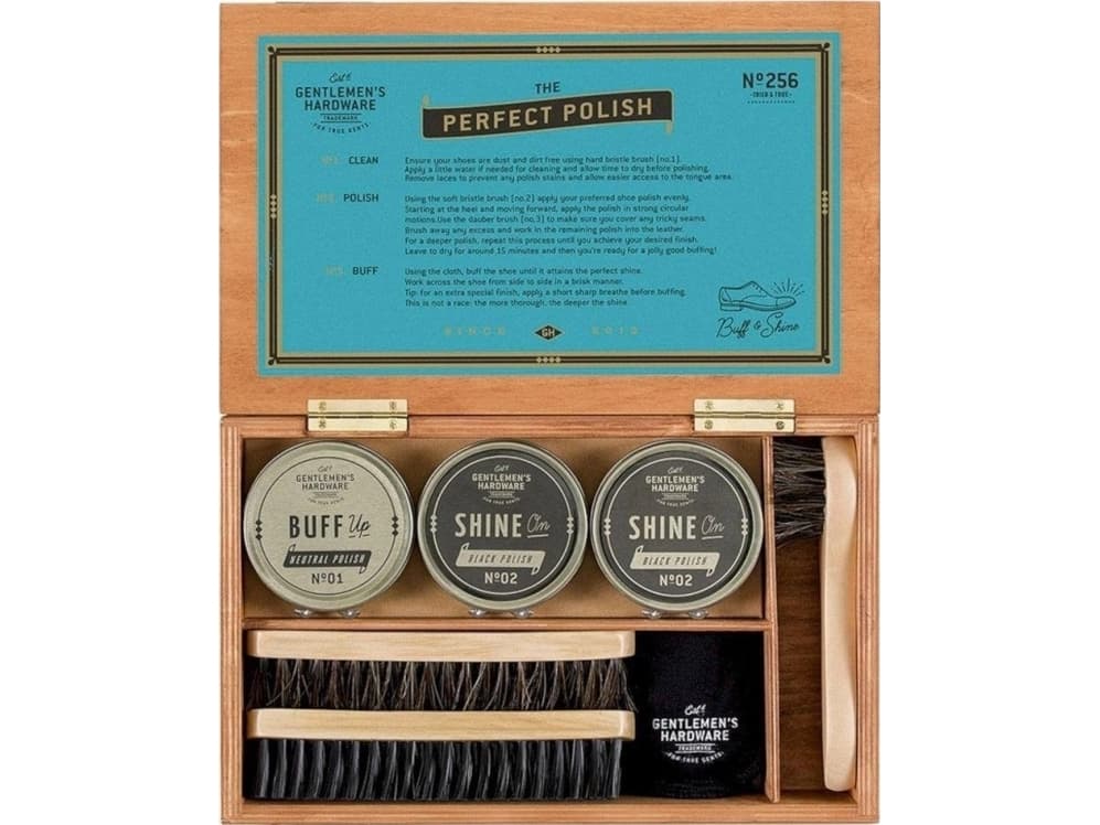 Shoe care kit in a cigar box