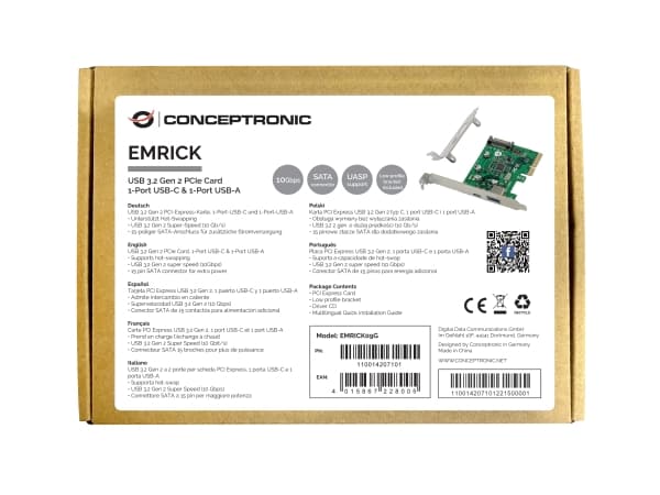 Conceptronic EMRICK09G, PlayStation Network, USB 3.2 Gen 2 (3.1 Gen 2), PCI 3.0, SATA 15-pin, Grønn, China