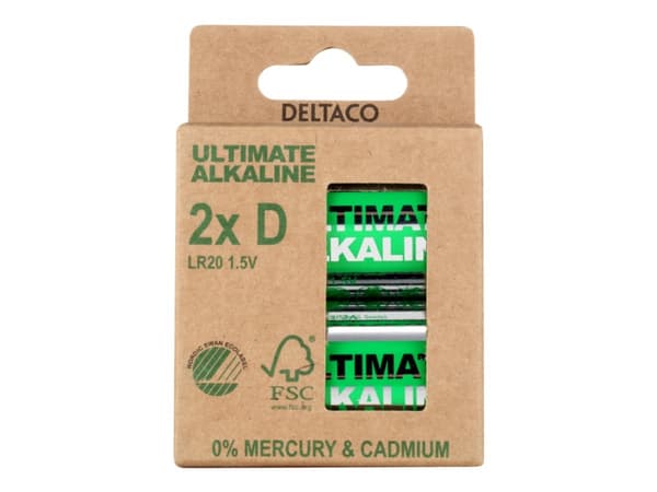 Deltaco Ultimate Alkaline D, Kertakäyttöinen akku, D, Alkali, 1,5 V, 2 kpl, Cd (kadmium), Hg (elohopea), Pb (lyijy)