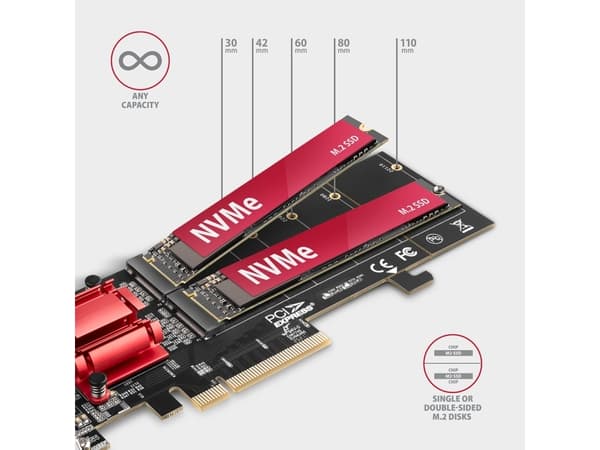 Axagon PCEM2-ND, PCIe, M.2, Hankoppling, Fullhöjd/låg profil, PCIe 3.0, Svart, Röd