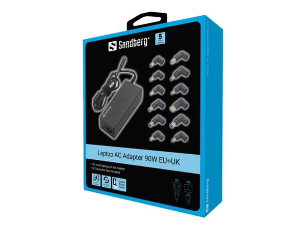 Sandberg - Strømadapter - EU+UK - AC 100-240 V - 90 watt - utgangskontakter: 12 Sort